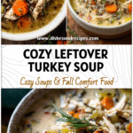 Bowl of creamy Leftover Turkey and Wild Rice Soup with shredded turkey and vegetables served for a cozy fall meal